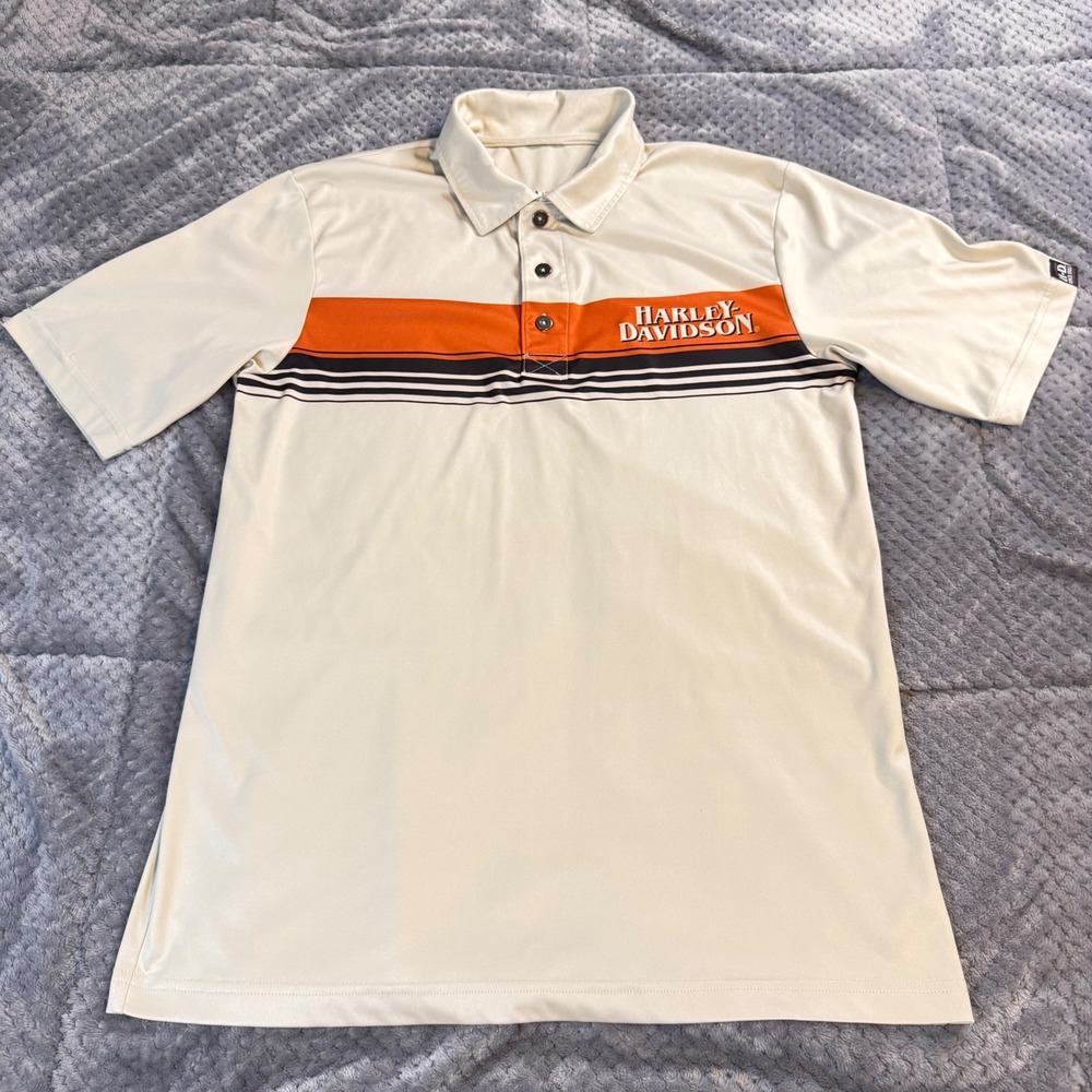 Harley-Davidson Mens Polo Shirt Cream Orange Stripe Iron Valley Manheim PA L